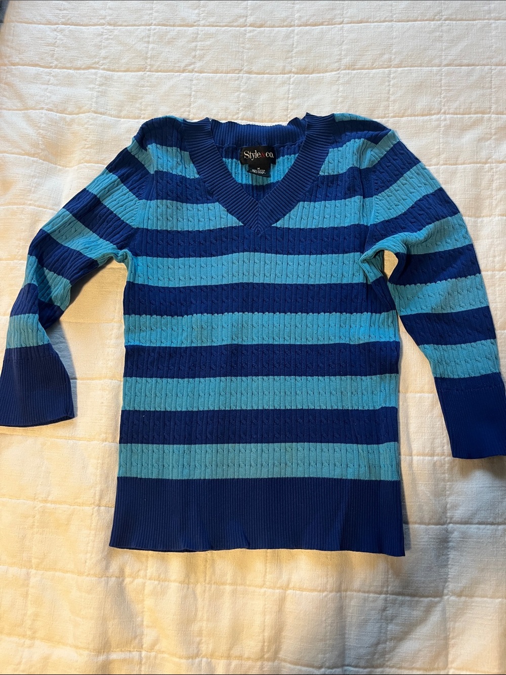 Style & Co. Teal and Navy Striped V-Neck Sweater